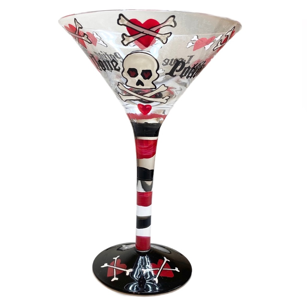 NIB Top Shelf Love Potion Hand Painted Skull & Crossbones Martini Glass